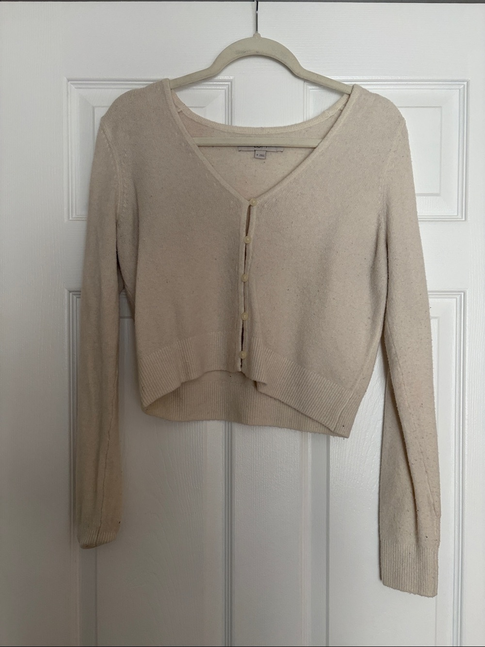 Loft Beige Cropped V-Neck Button Cardigan Sweater